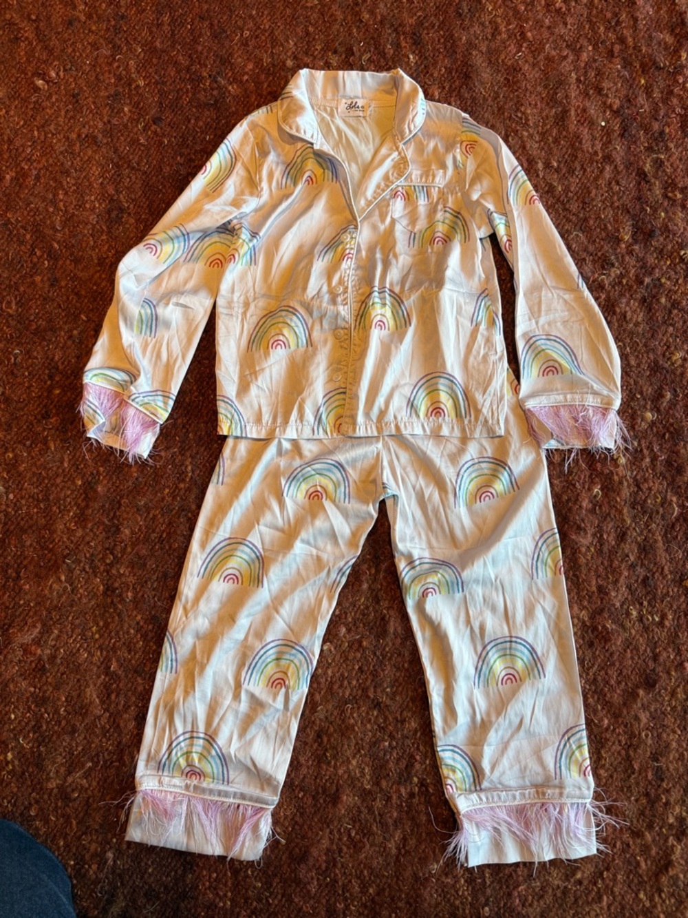 Lola + The Boys White Rainbow-Print Pajama Set with Pink Feather Trim